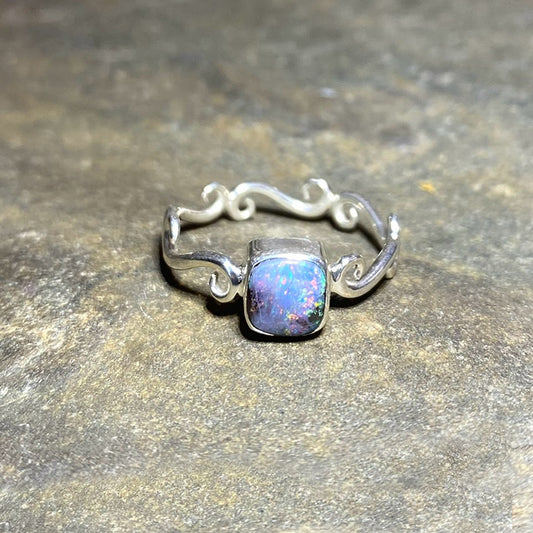 Square Boulder Opal Scrolling Sterling Silver Band Ring- Size 8.5