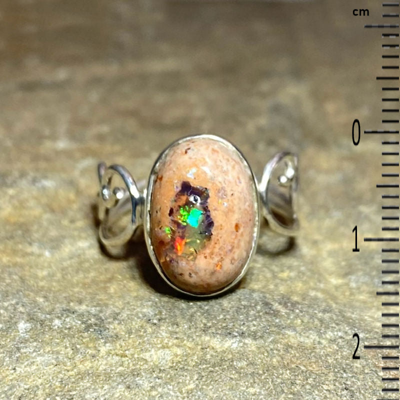 Oval Mexican Fire Opal Swirling Sterling Silver Ring- Size 7