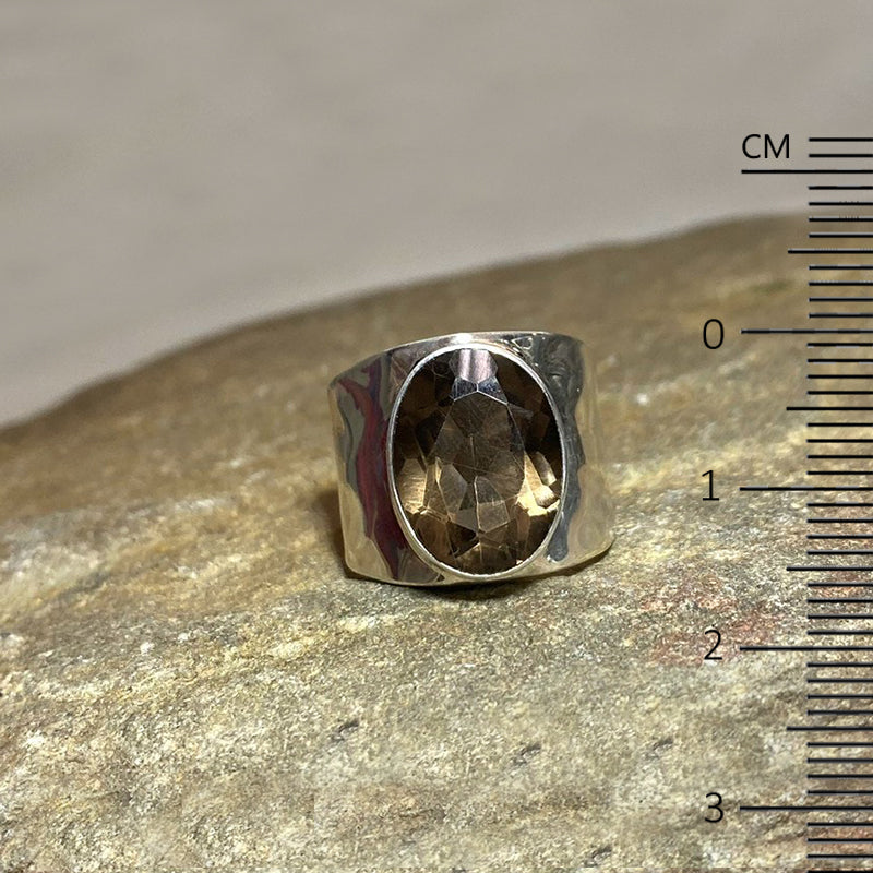 Oval Faceted Smoky Quartz Sterling Silver Hammered Band Ring- Size 9