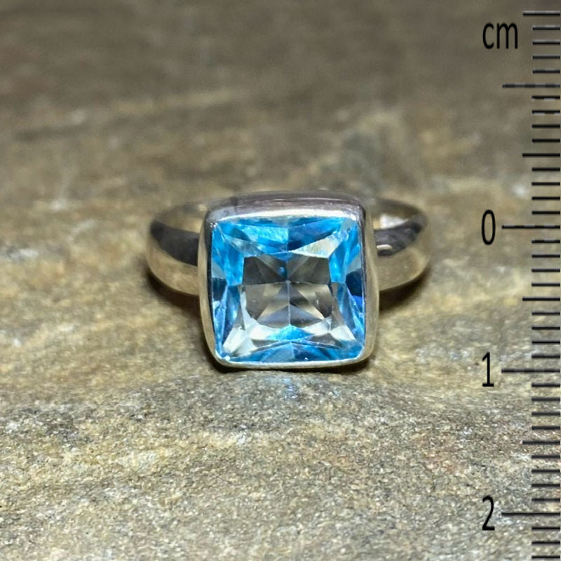Square Faceted Blue Topaz Ring- Size 9