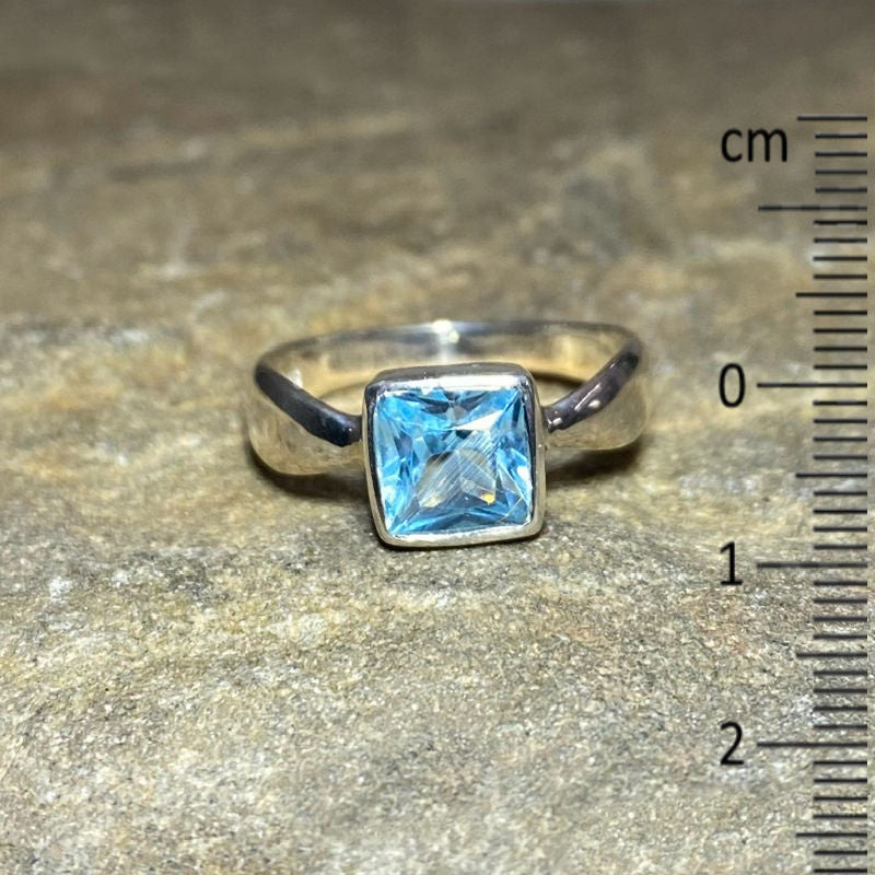 Square Faceted Blue Topaz Ring- Size 8