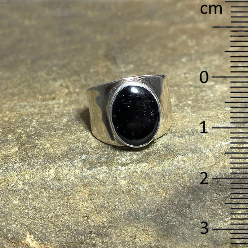 Oval Black Tourmaline Hammered Sterling Silver Band Ring- Size 7.5