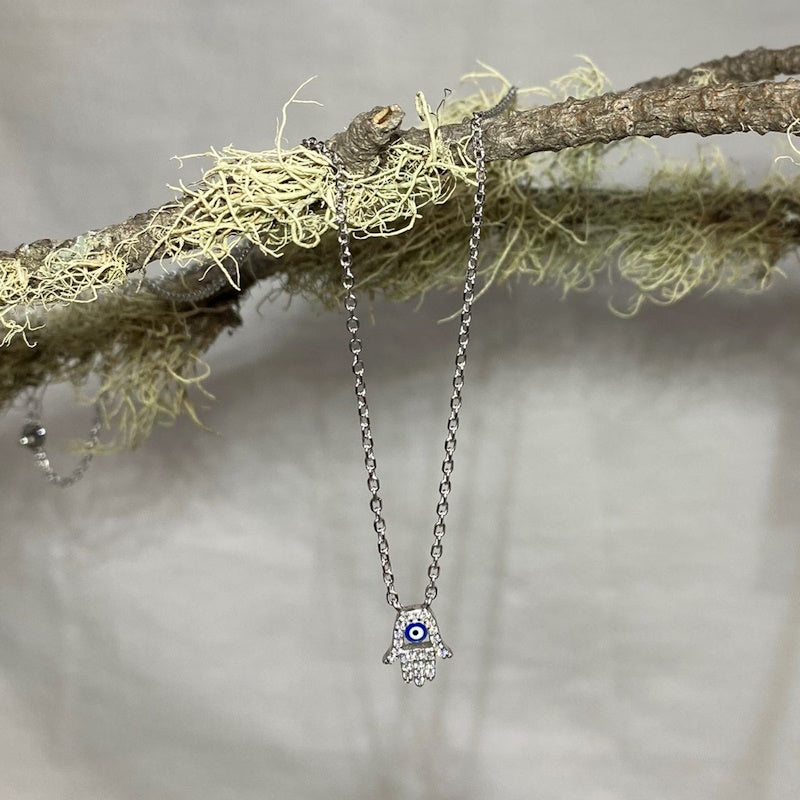 Hamsa Hand Evil Eye Sterling Silver Necklace