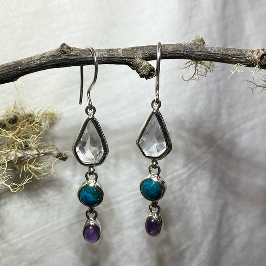 Faceted Himalayan Quartz, Round Chrysocolla & Amethyst Combination Earrings