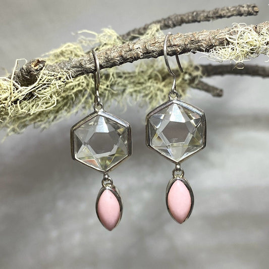Combination Clear Quartz and Pink Opal Earrings