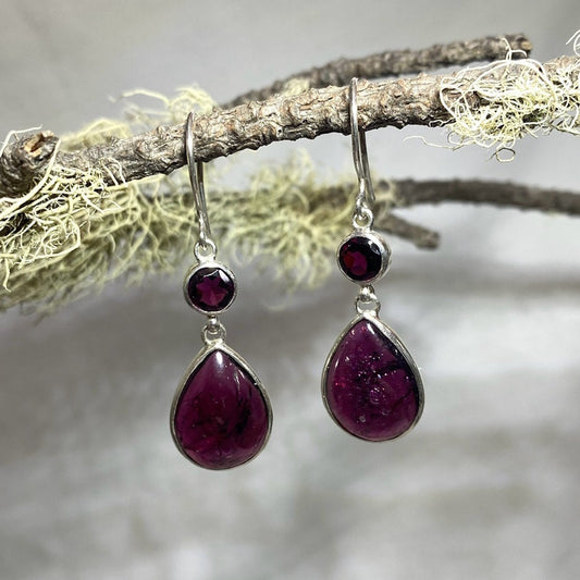 Round Faceted and Teardrop Shaped Garnet Earrings