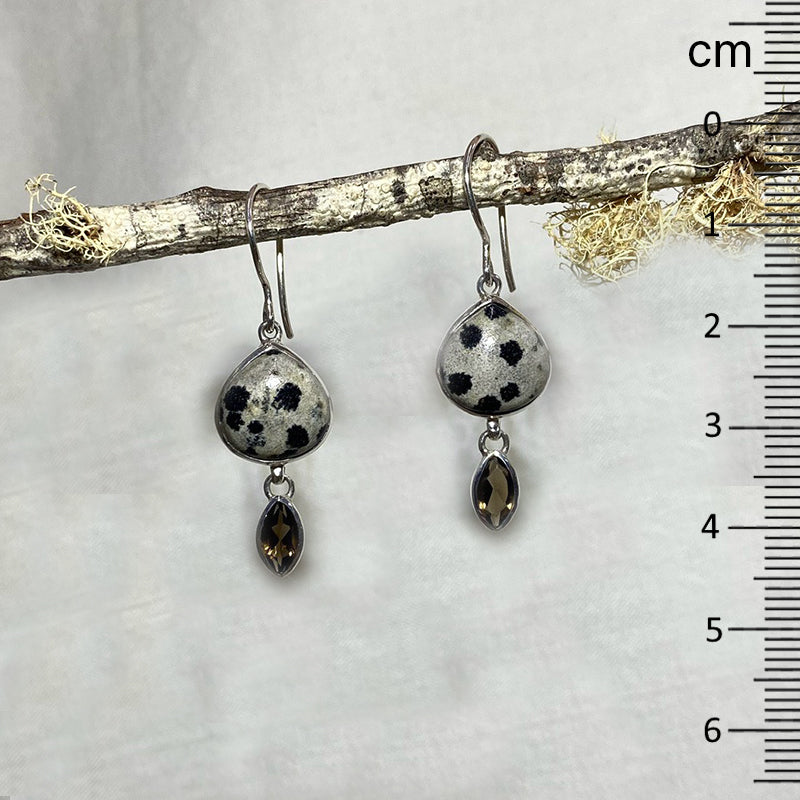 Dalmatian Jasper & Faceted Smokey Quartz Earrings