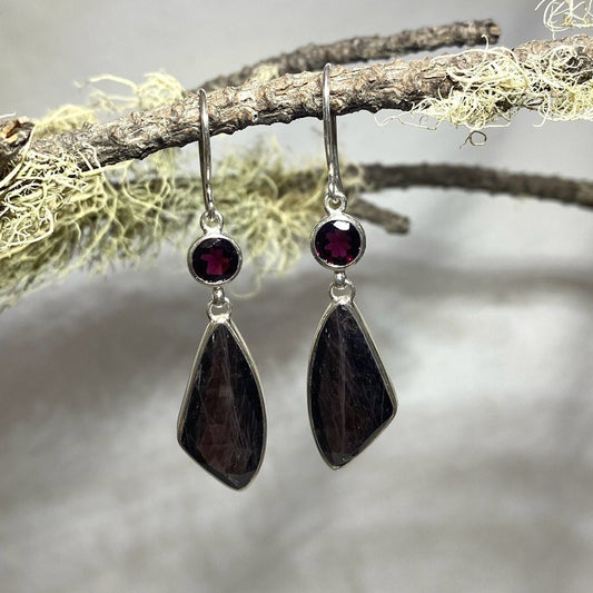 Combination Round Faceted Garnet and Freeform Sapphire Earrings