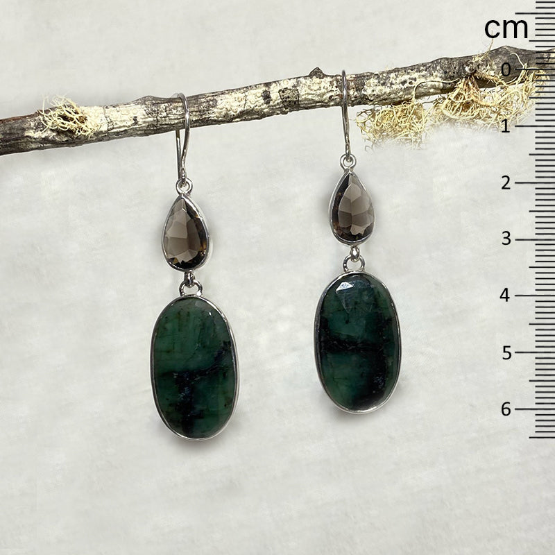 Combination Teardrop Faceted Smoky Quartz & Oval Faceted Emerald Earrings