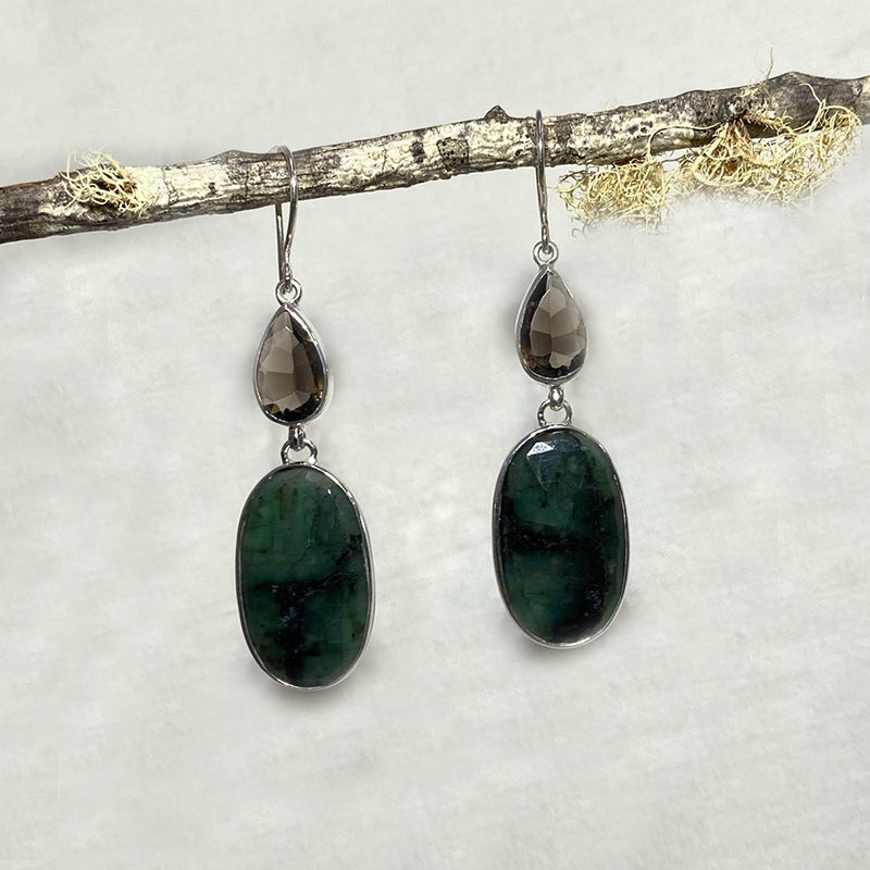 Combination Teardrop Faceted Smoky Quartz & Oval Faceted Emerald Earrings