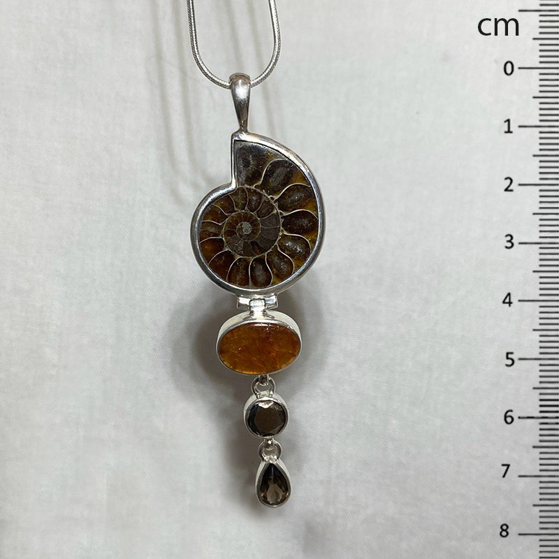 Combination Ammonite, Pyrite, Hessonite Garnet, & Smoky Quartz Pendant