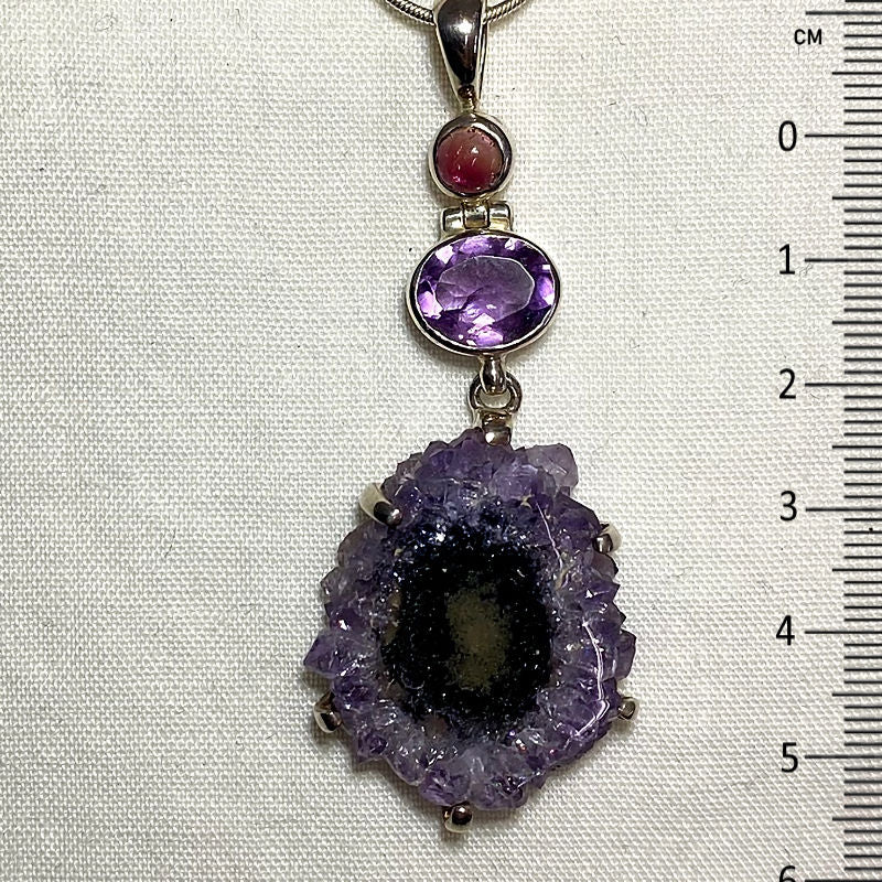 Combination Amethyst Flower, Faceted Oval Amethyst & Round Tourmaline Pendant