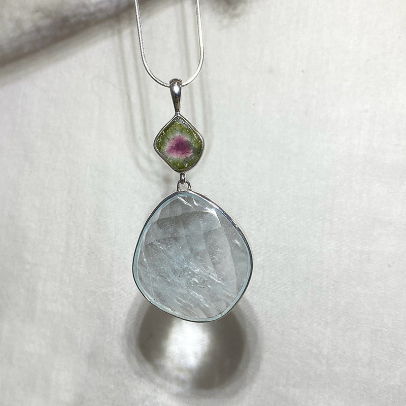 Freeform Watermelon Tourmaline & Faceted Aquamarine Pendant