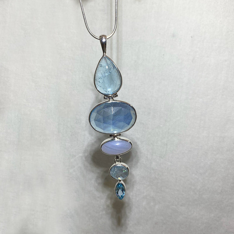 Combination Aquamarine, Blue Topaz & Blue Lace Agate Pendant