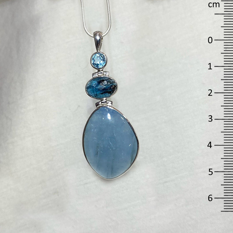 Combination Round Faceted Blue Topaz, Oval Faceted Ocean Kyanite & Freeform Aquamarine Pendant