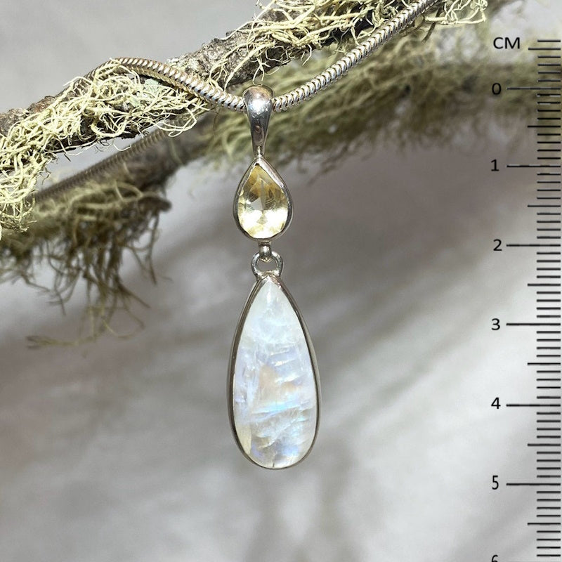 Combination Teardrop Rainbow Moonstone and Teardrop Faceted Citrine Pendant