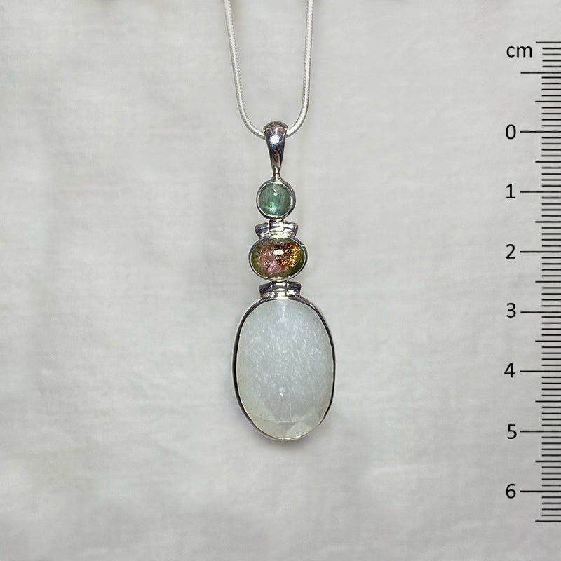 Combination Round Emerald Kyanite, Oval Tourmaline & Faceted Oval Moonstone Pendant
