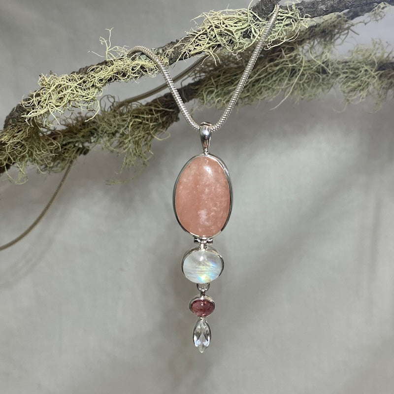 Combination Morganite Rainbow Moonstone Pink Tourmaline Faceted White Topaz Pendant