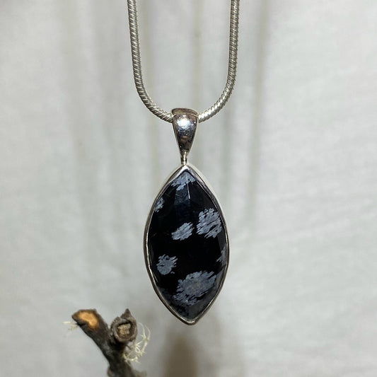Leaf Shaped Faceted Snowflake Obsidian Pendant
