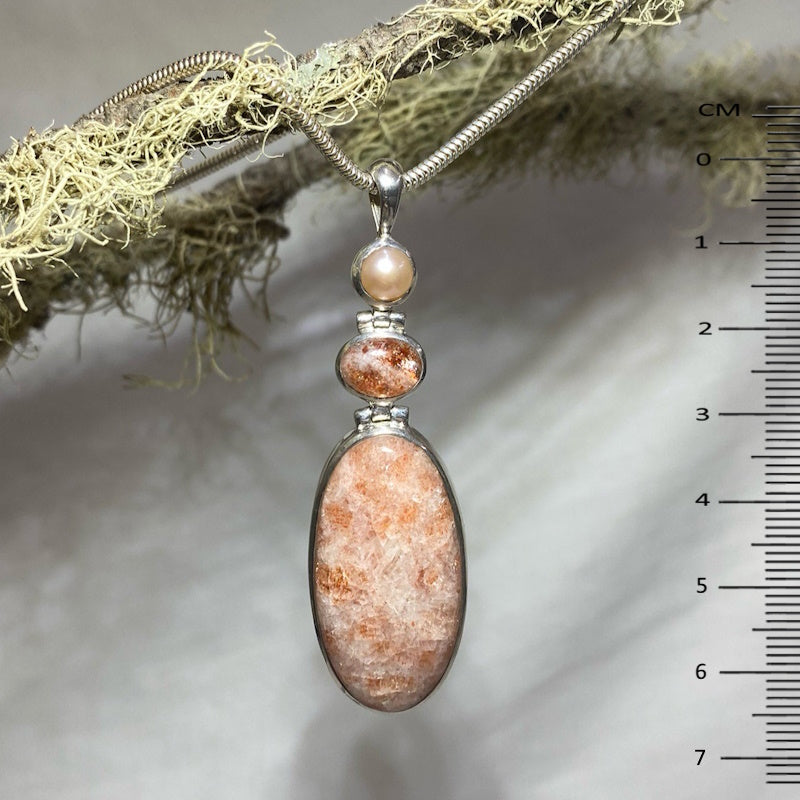 Combination Oval Sunstone and Pearl Pendant