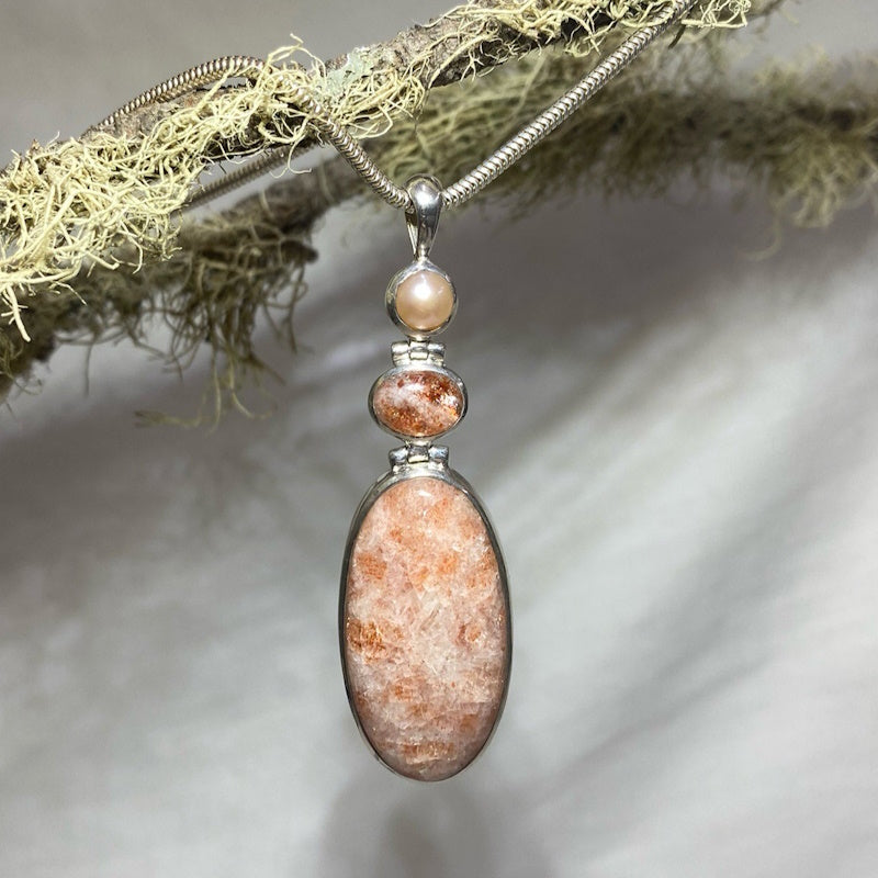 Combination Oval Sunstone and Pearl Pendant