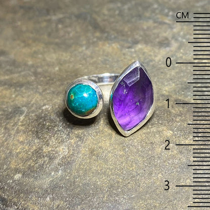 Combination Faceted Leaf Shaped Amethyst & Round Chrysocolla Ring- Size 7.5