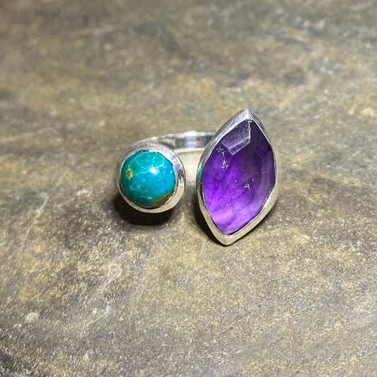 Combination Faceted Leaf Shaped Amethyst & Round Chrysocolla Ring- Size 7.5
