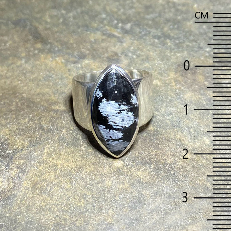 Faceted Leaf Shaped Snowflake Obsidian Ring- Size 8