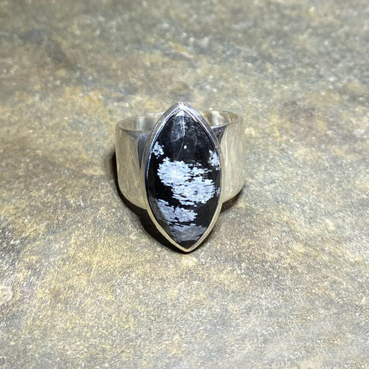 Faceted Leaf Shaped Snowflake Obsidian Ring- Size 8