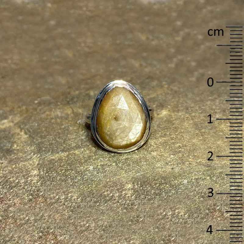 Faceted Teardrop Golden Sheen Sapphire Ring- Size 8