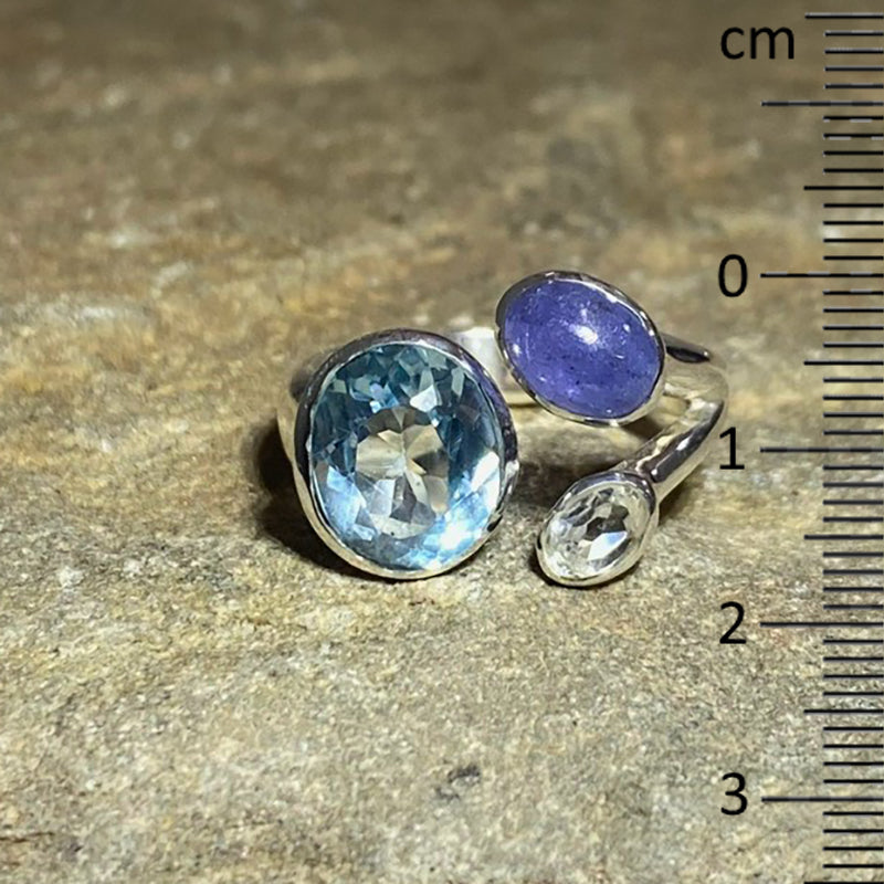 Faceted Oval Blue Topaz, Tanzanite & White Topaz Ring- Size 7.5