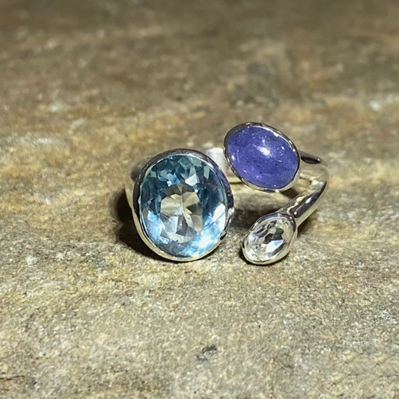 Faceted Oval Blue Topaz, Tanzanite & White Topaz Ring- Size 7.5