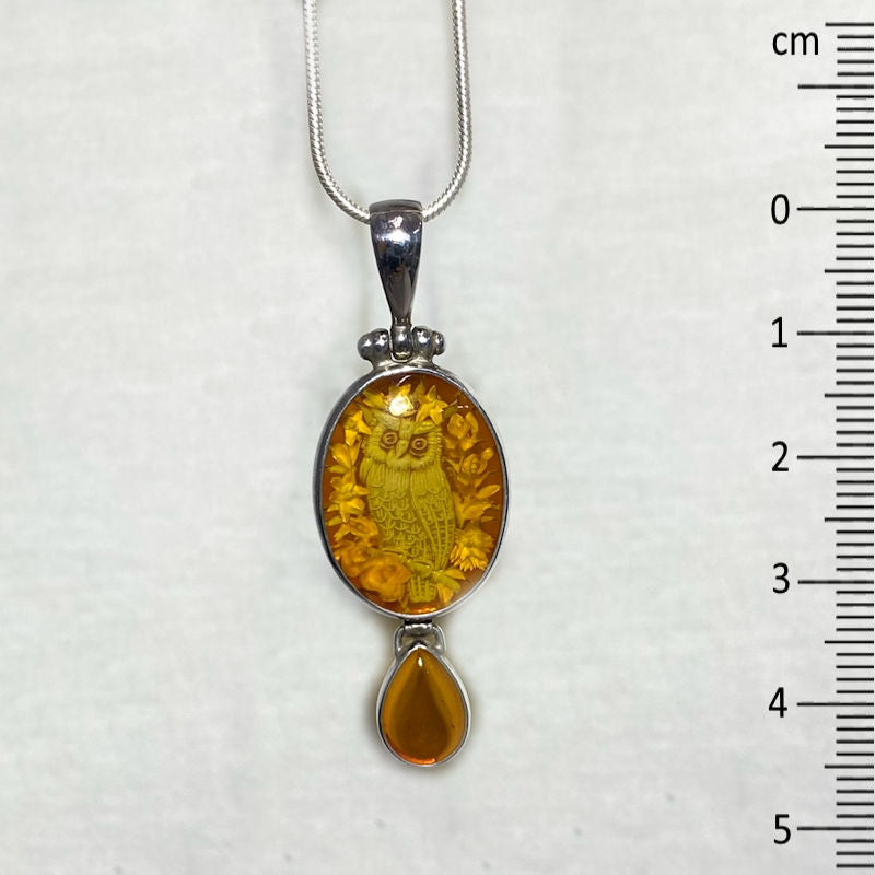 Oval & Teardrop Amber Carved Owl Pendant