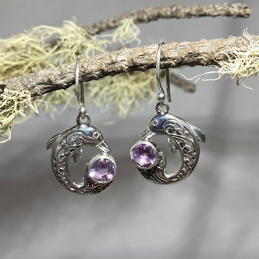Ornate Sterling Silver Dolphin Round Faceted Amethyst Earrings