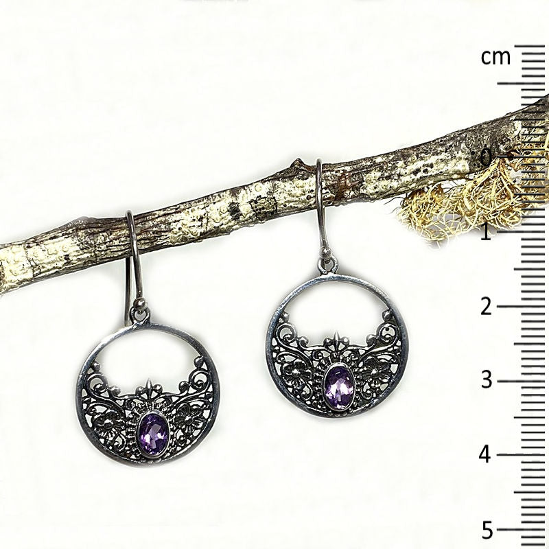 Faceted Oval Amethyst Ornate Sterling Silver Earrings