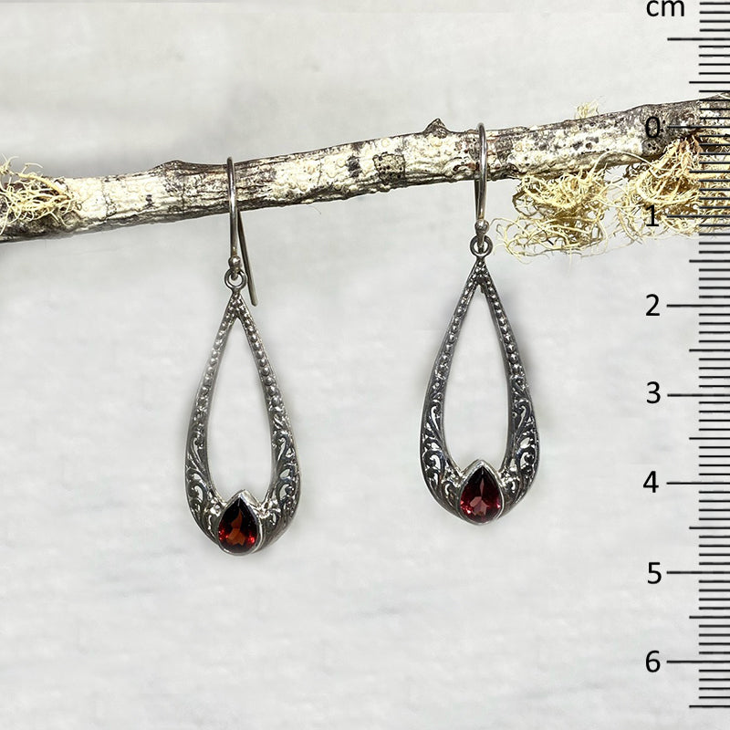 Ornate Sterling Silver Teardrop Faceted Garnet Earrings