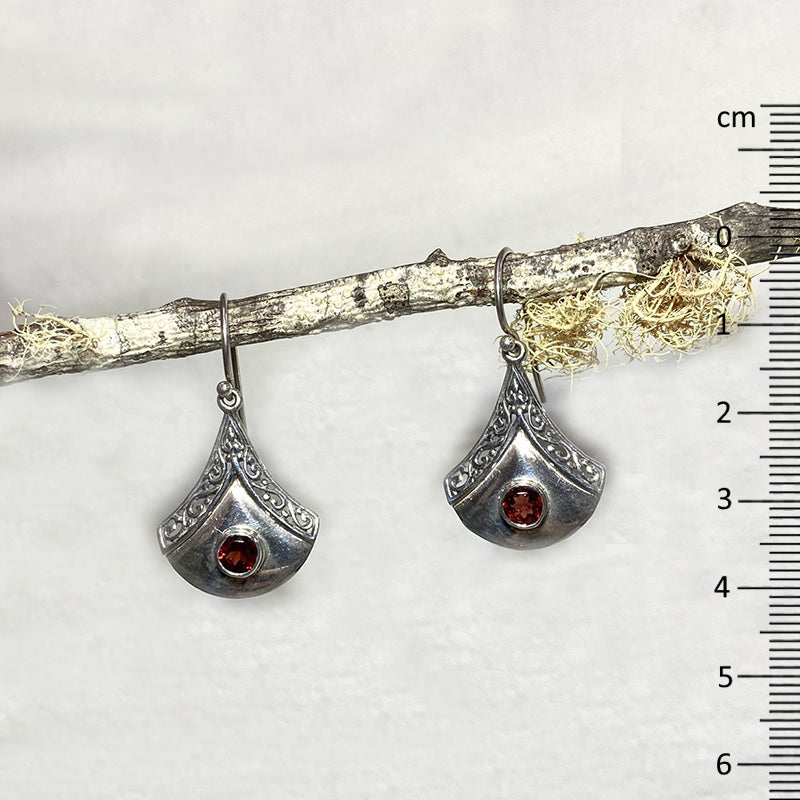 Ornate Sterling Silver Round Faceted Garnet Earrings