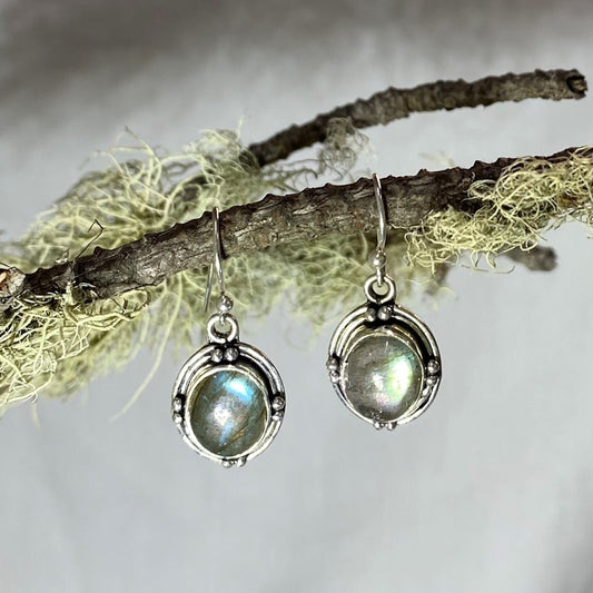 Ornate Silver Oval Green & Blue Flash Labradorite Earrings