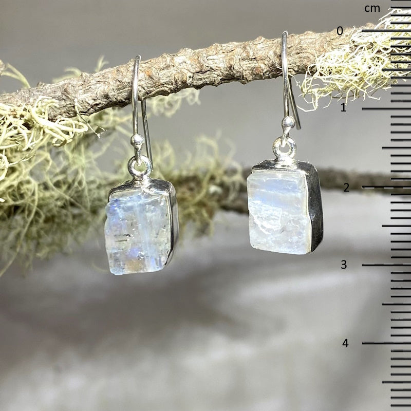 Rectangle Natural Unpolished Rainbow Moonstone Earrings