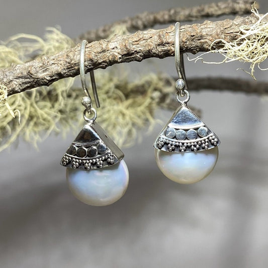 Ornate Silver Pearl Earrings