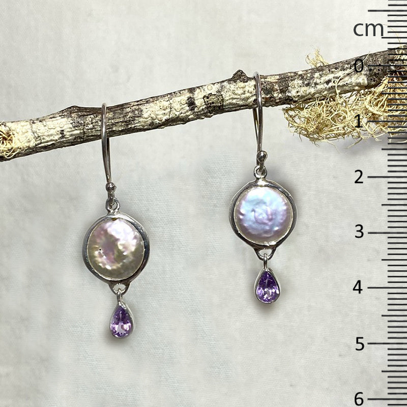 Round Keshi Pearl & Faceted Teardrop Amethyst Earrings