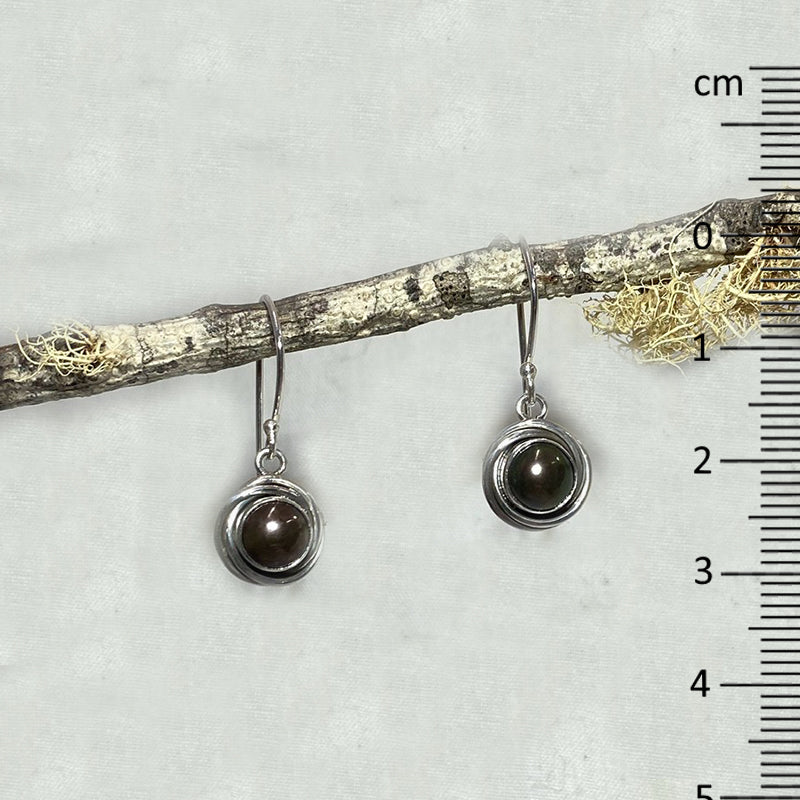 Ornate Sterling Silver Round Black Pearl Earrings
