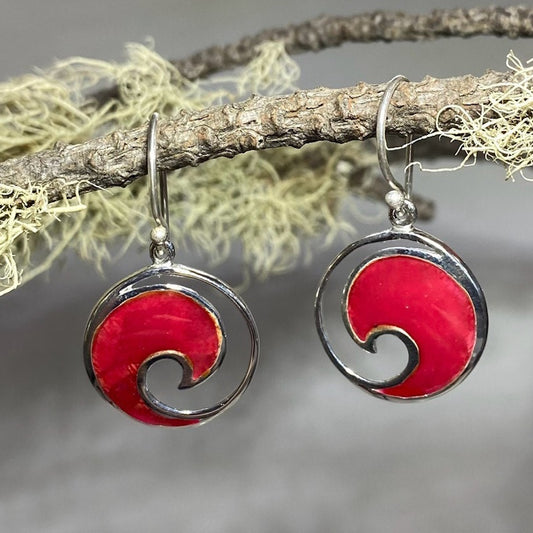 Wave Round Red Coral Earrings