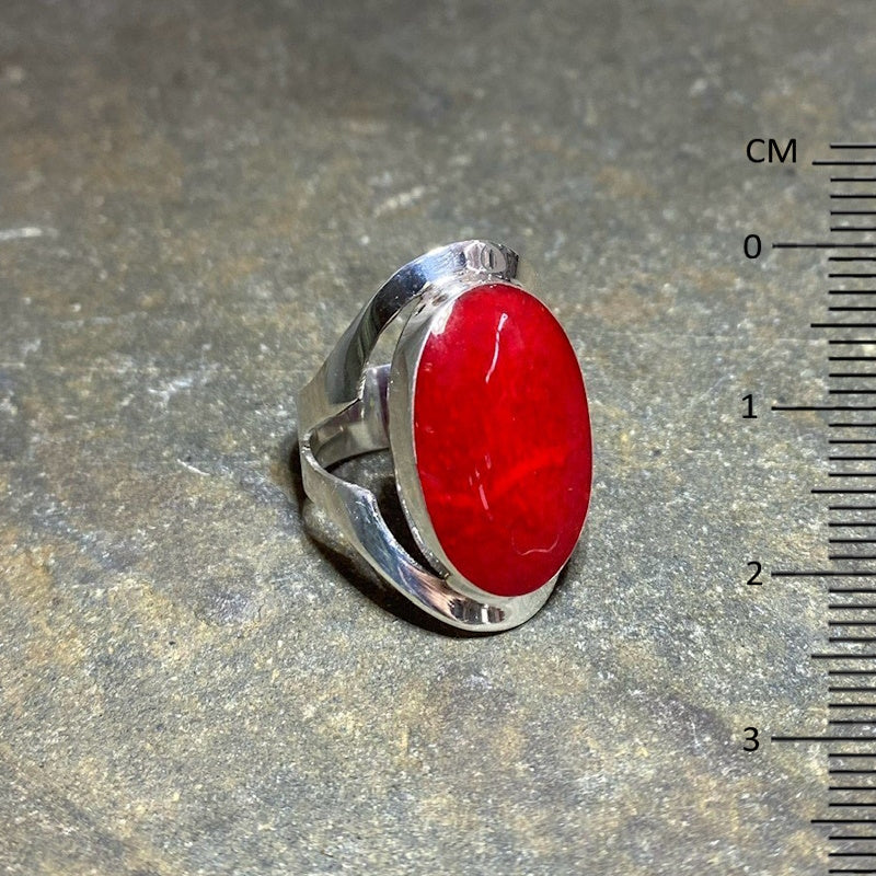 Split Band Oval Red Coral Ring- Size 8