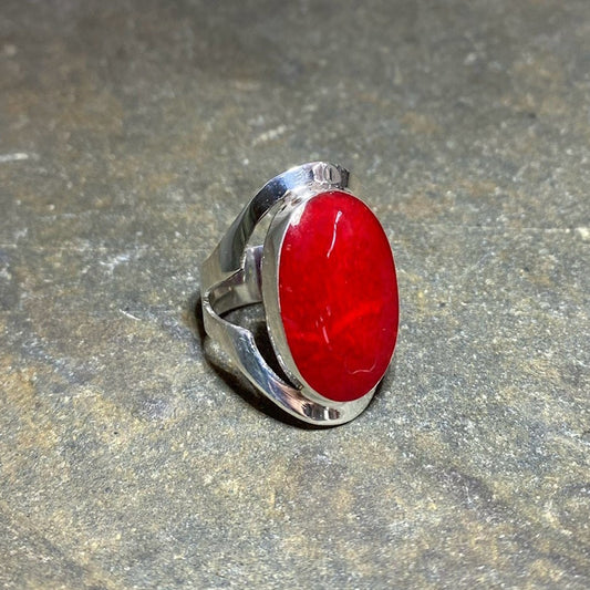 Split Band Oval Red Coral Ring- Size 8