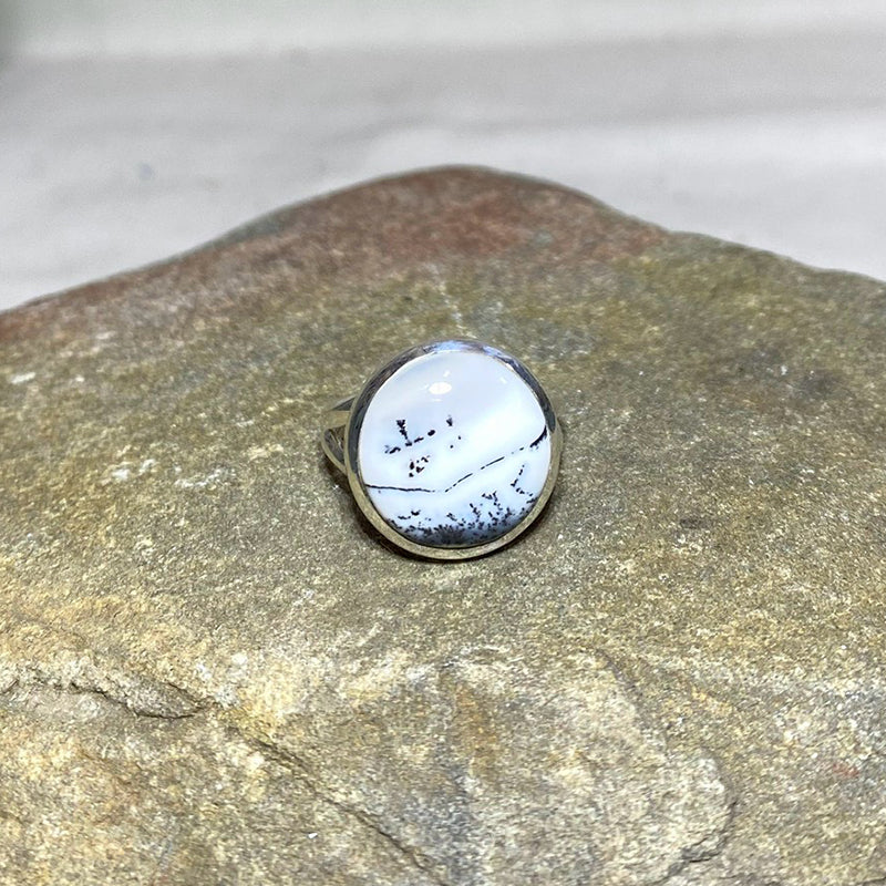Round Dendrite Opal Ring- Size 8.5