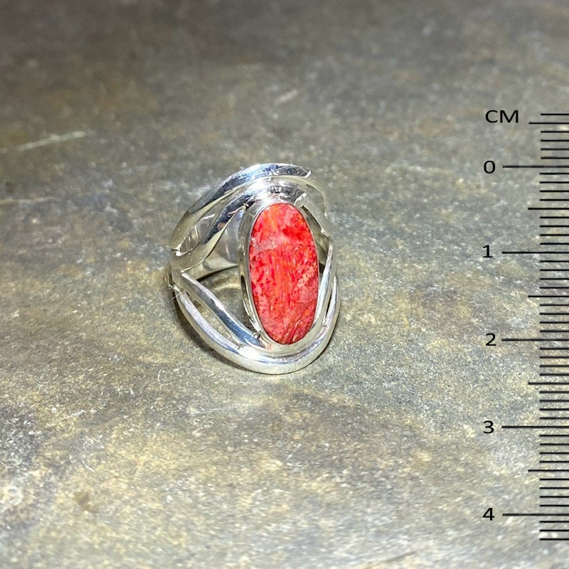 Split Band Oval Shaped Red Coral Ring- Size 9