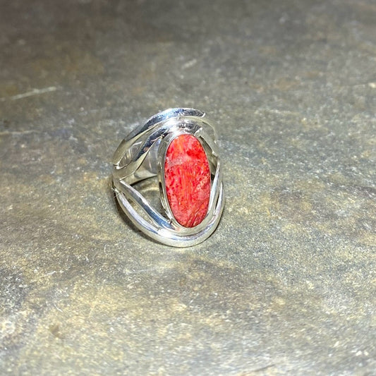 Split Band Oval Shaped Red Coral Ring- Size 9
