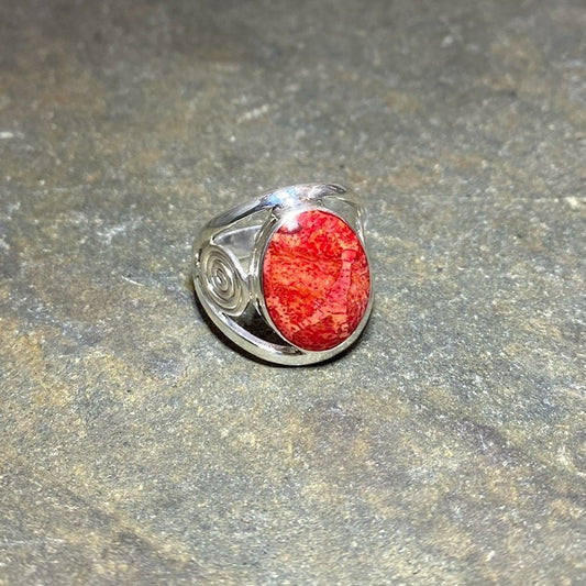 Ornate Silver Band Round Red Coral Ring- Size 9