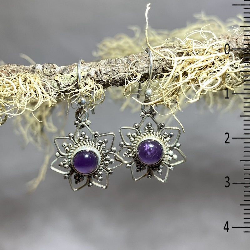 Flower Ornate Sterling Silver Round Amethyst Earrings